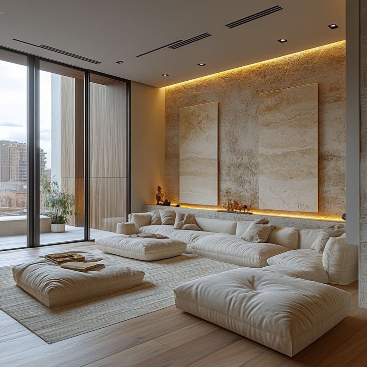 This serene living space features plush, oversized…