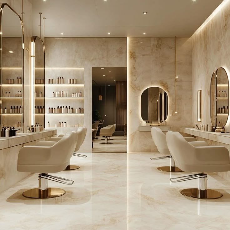 A luxury salon in creams and taupes with gold…