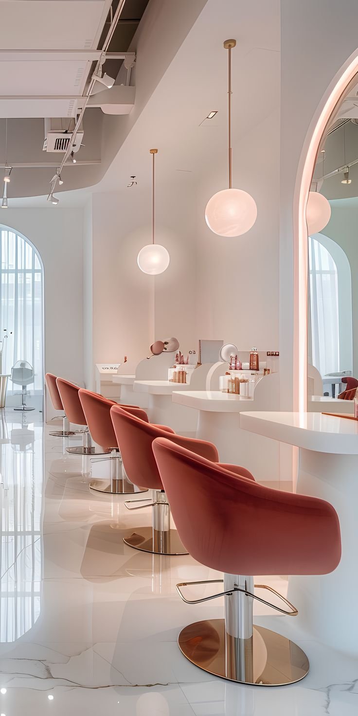 Dubai beauty salon, where sleek white marble sets the tone, accentuated by bold pop colors for style
