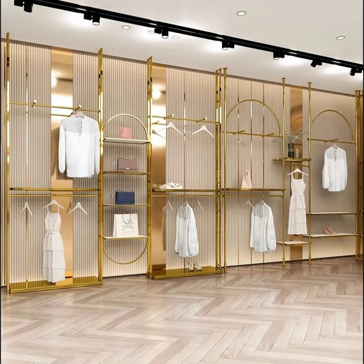 Présentoir À Vêtements Personnalisé Pour Femmes Présentoir À Vêtements En Métal Doré Pour Boutique De Détail
